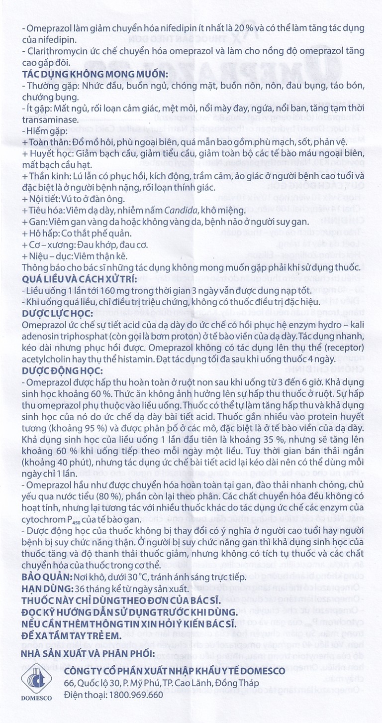 Viên nang cứng Omeprazol 20mg Domesco điều trị trào ngược dạ dày - thực quản (10 vỉ x 10 viên)