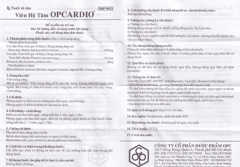Viên Hộ Tâm Opcardio OPC phòng ngừa và điều trị các chứng đau thắt ngực (5 vỉ x 10 viên)