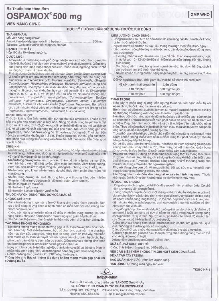 Thuốc Ospamox 500mg Imexpharm điều trị nhiễm trùng đường hô hấp, viêm phế quản (100 vỉ x 10 viên) 