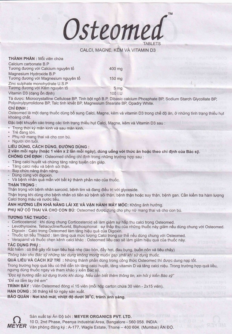 Viên nén Osteomed Meyer bổ sung canxi, Magne, kẽm, vitamin D3 và khoáng chất (2 vỉ x 15 viên)