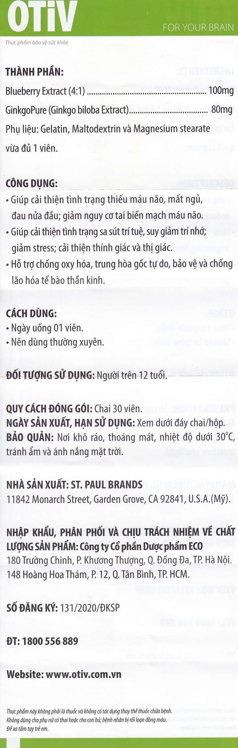 Viên uống OTiV Ecogreen giúp tăng cường dưỡng chất cho não (30 viên)