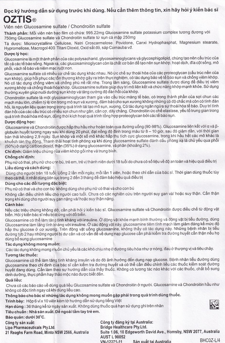 Thuốc Oztis Bridge Healthcare giảm triệu chứng của viêm khớp gối nhẹ và trung bình (6 vỉ x 10 viên)