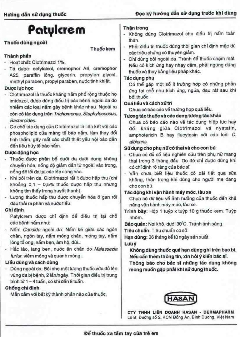 Kem bôi da Patylcrem Hasan điều trị bệnh nấm, hắc lào, lang ben (10g)