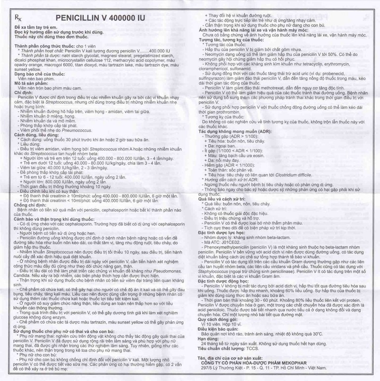 Thuốc Penicillin V 400000 IU Mekophar điều trị các chứng nhiễm khuẩn (10 vỉ x 10 viên)