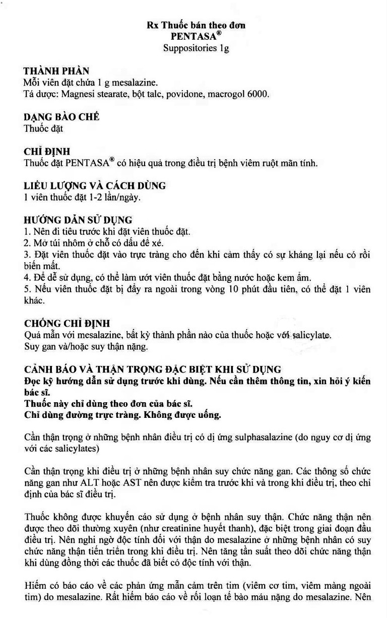 Viên đặt trực tràng Pentasa 1g Ferring điều trị viêm loét dạ dày, trực tràng (4 vỉ x 7 viên)