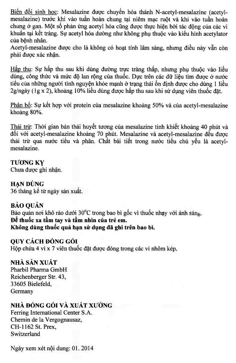 Viên đặt trực tràng Pentasa 1g Ferring điều trị viêm loét dạ dày, trực tràng (4 vỉ x 7 viên)