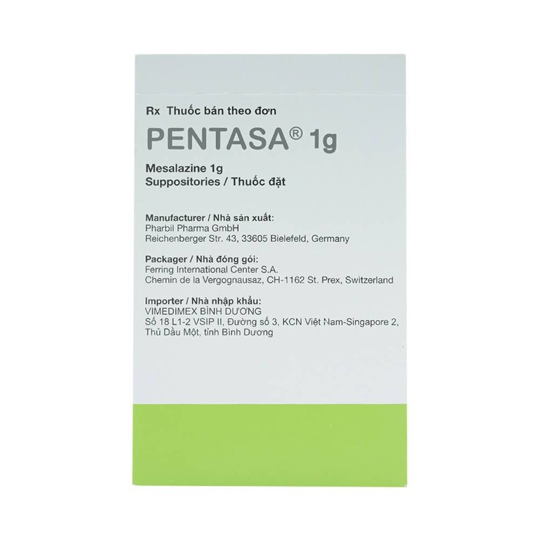 Viên đặt trực tràng Pentasa 1g Ferring điều trị viêm loét dạ dày, trực tràng (4 vỉ x 7 viên)