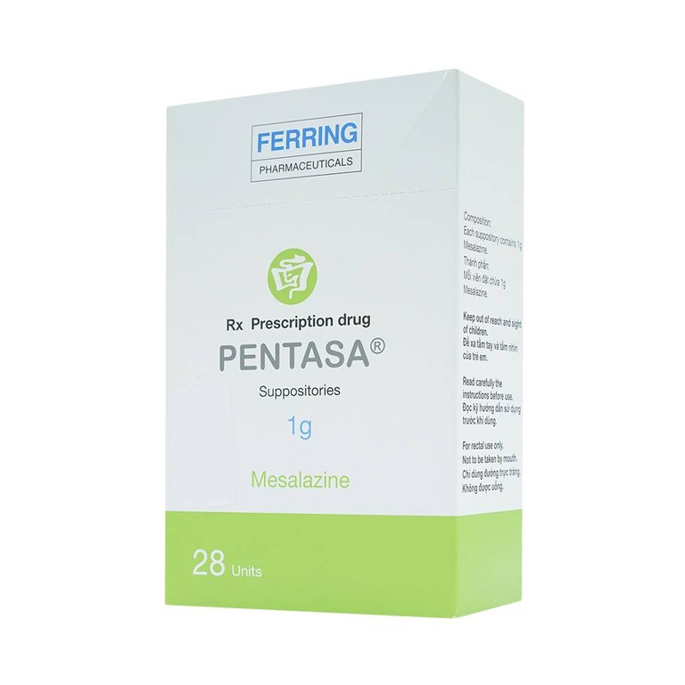 Viên đặt trực tràng Pentasa 1g Ferring điều trị viêm loét dạ dày, trực tràng (4 vỉ x 7 viên)
