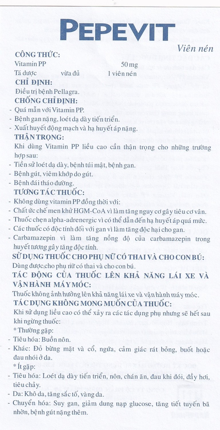 Viên nén Pepevit 50mg Nadyphar điều trị bệnh Pellagra (100 viên)