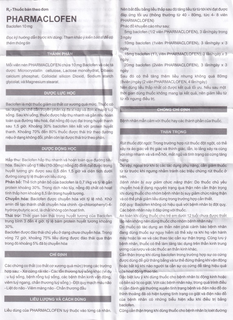 Viên nén Pharmaclofen 10mg Pharmascience điều trị các chứng co thắt cơ xương (100 viên)