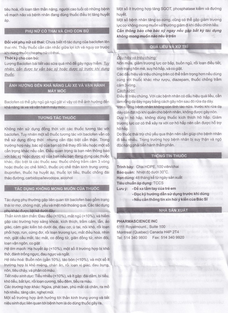 Viên nén Pharmaclofen 10mg Pharmascience điều trị các chứng co thắt cơ xương (100 viên)