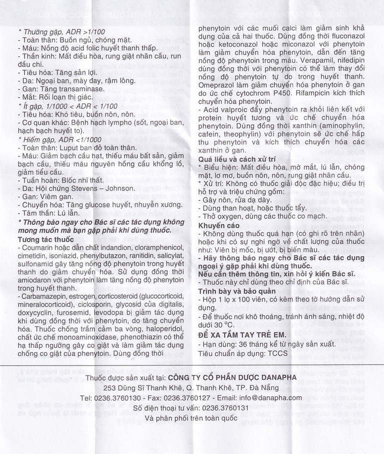 Viên nén Phenytoin 100mg Danapha điều trị động kinh cơn lớn, động kinh cục bộ (100 viên)