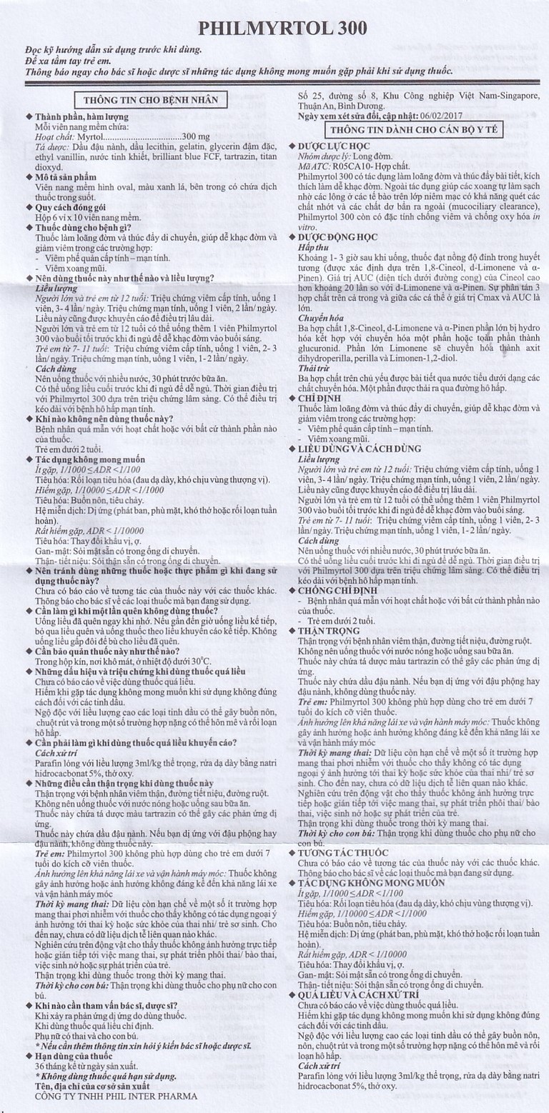 Thuốc Philmyrtol 300 Phil Inter Pharma loãng đờm, giảm viêm phế quản, viêm xoang mũi (6 vỉ x 10 viên)