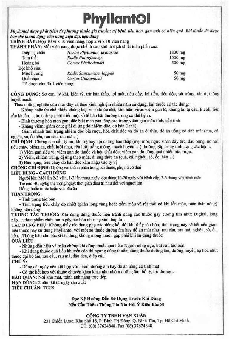 Viên nang Phyllantol Vạn Xuân điều trị bệnh tiêu hóa, gan mật, mệt mỏi, ngực sườn đầy tức (10 vỉ x 10 viên) 