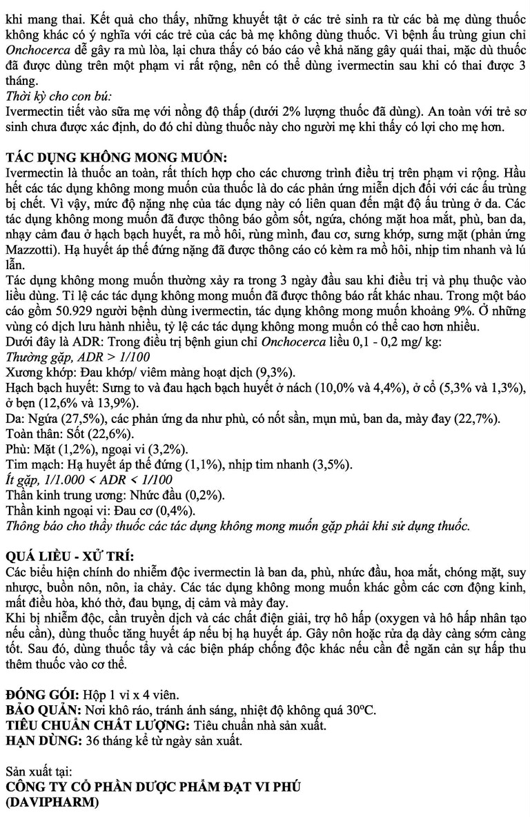 Viên nén Pizar-3 DaViPharm điều trị các bệnh nhiễm trùng do ký sinh trùng, giun chỉ (1 vỉ x 4 viên)	
