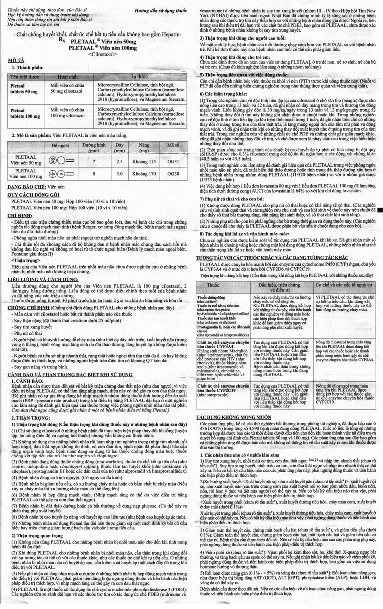 Viên nén Pletaal tablets 100mg Otsuka điều trị các chứng thiếu máu cục bộ (10 vỉ x 10 viên)