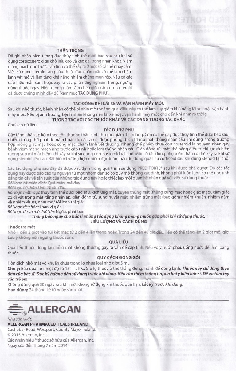 Hỗn dịch nhỏ mắt Pred Forte Allergan điều trị các chứng viêm đáp ứng với steroid (5ml)