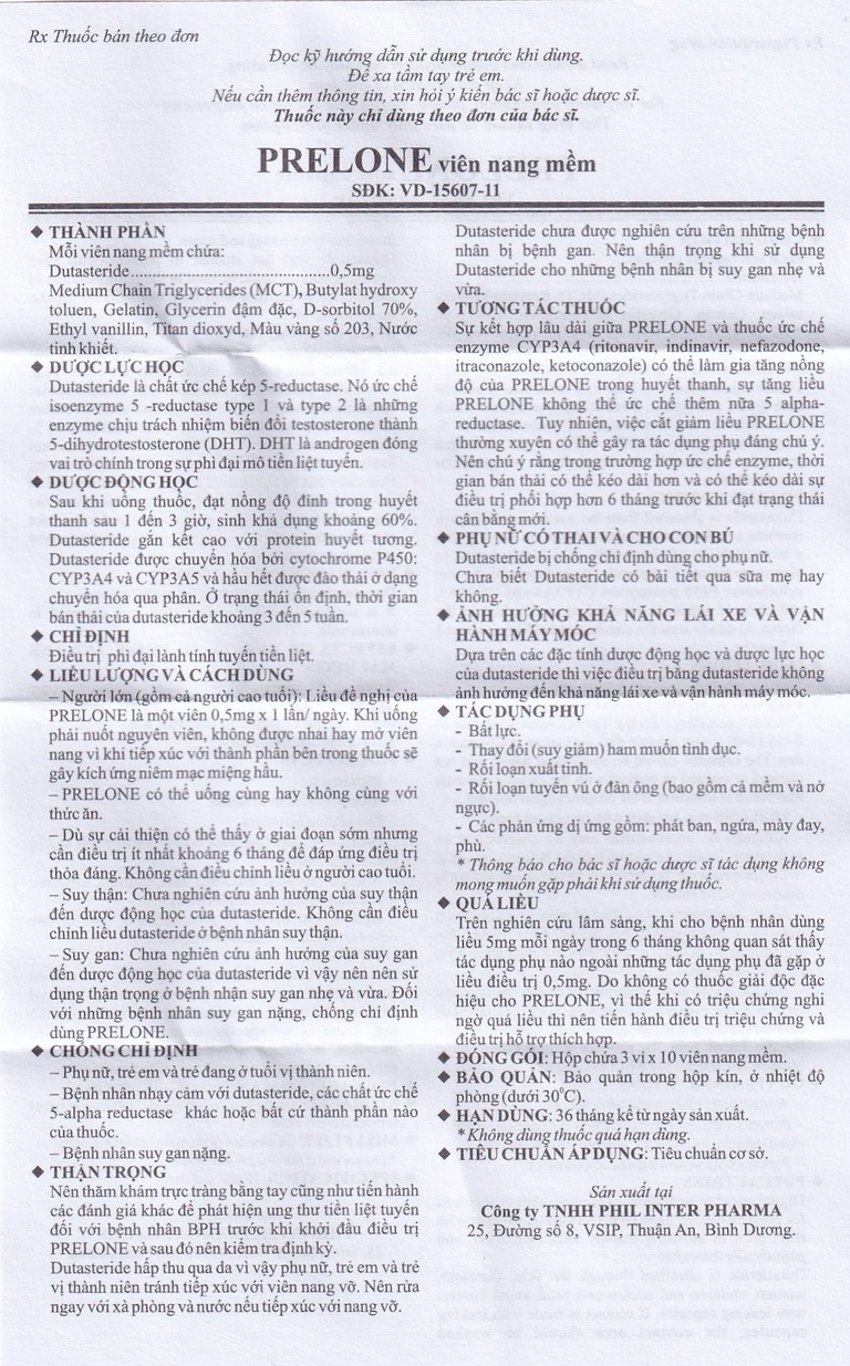 Thuốc Prelone 0.5mg Phil điều trị phì đại lành tính tuyến tiền liệt (3 vỉ x 10 viên) 