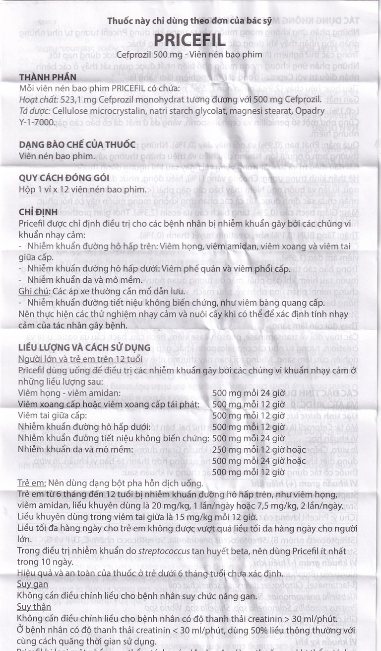 Thuốc Pricefil 500mg Vianex điều trị nhiễm khuẩn đường hô hấp (1 vỉ x 12 viên)