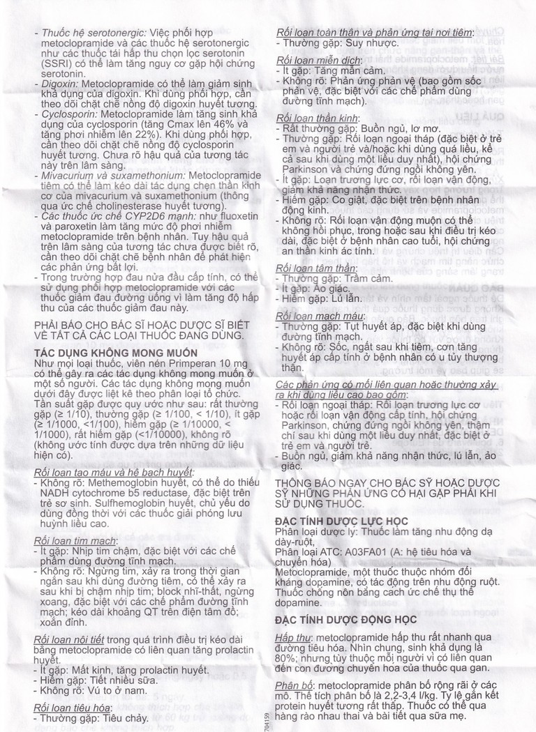 Thuốc Primperan 10mg Sanofi điều trị triệu chứng nôn và buồn nôn (2 vỉ x 20 viên) 