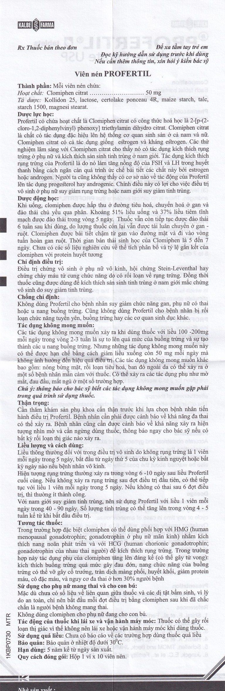 Thuốc Profertil Kalbe điều trị chứng vô sinh ở phụ nữ vô kinh (1 vỉ x 10 viên)f