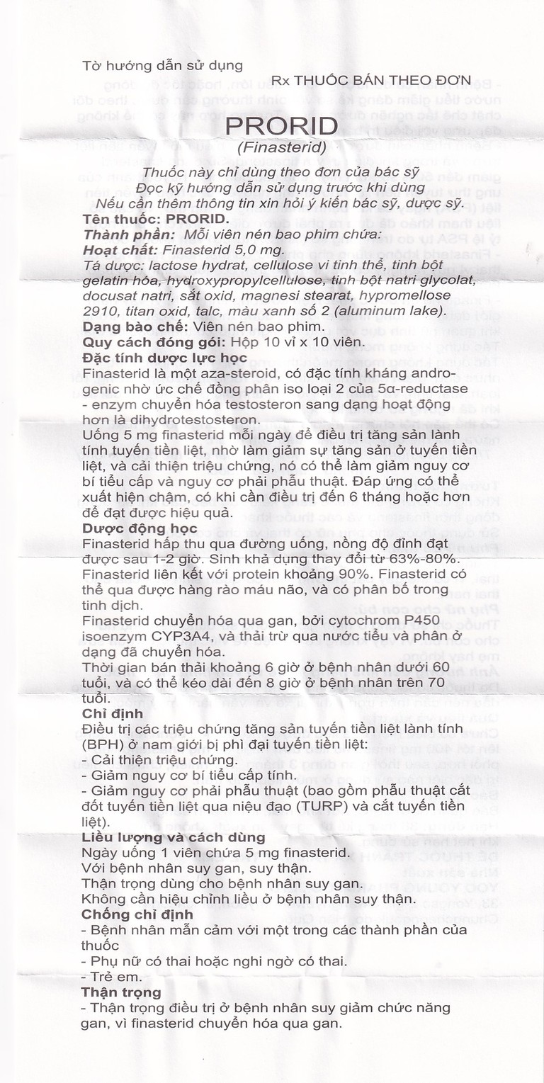Thuốc Prorid 5mg Yoo Young điều trị tăng sản tuyến tiền liệt lành tính (10 vỉ x 10 viên)