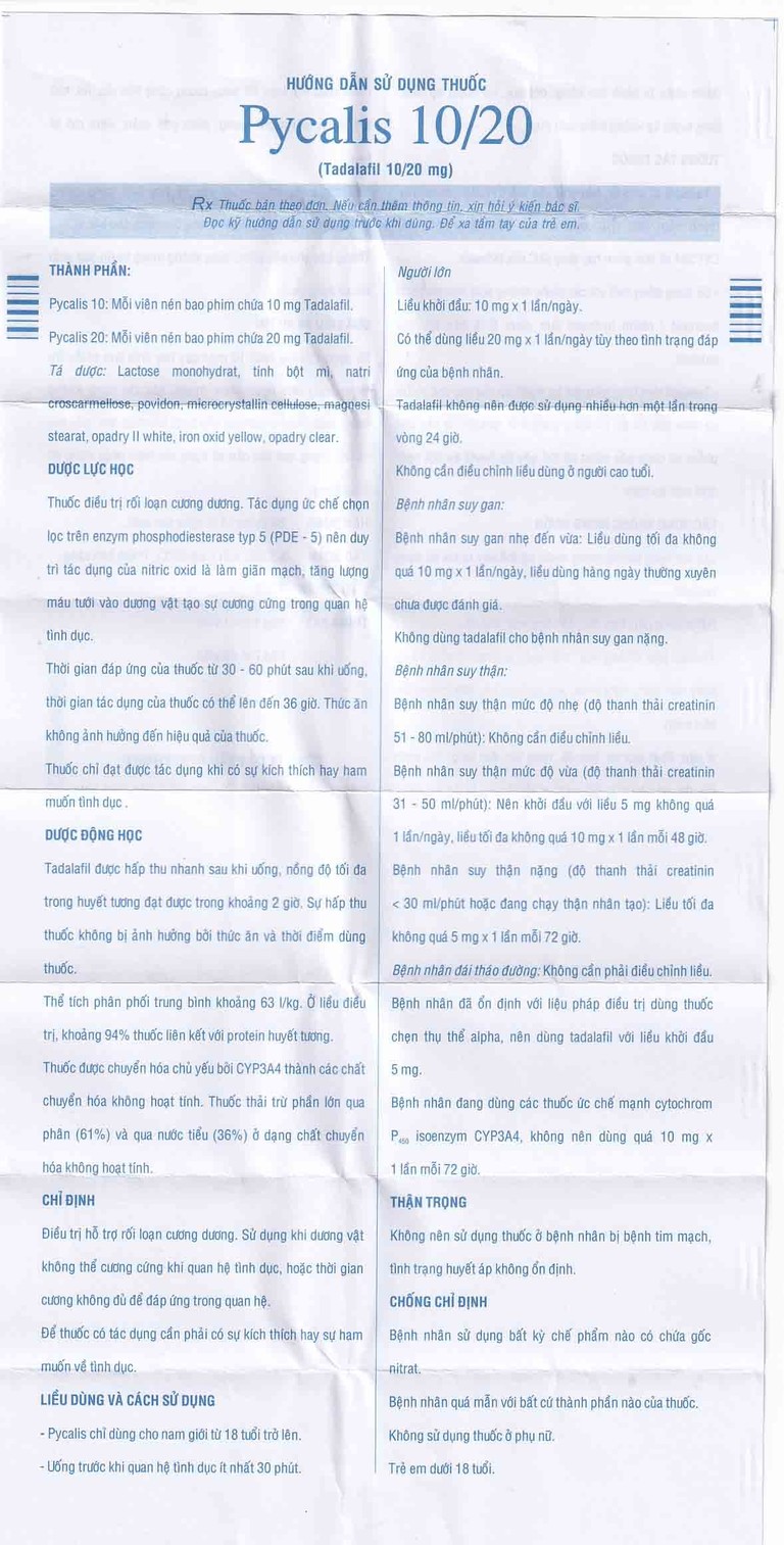 Thuốc Pycalis 10 Pymepharco điều trị rối loạn cương dương (1 vỉ x 1 viên)