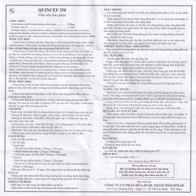 Thuốc Quincef 250 Mekophar điều trị viêm tai giữa, viêm xoang (2 vỉ x 5 viên)