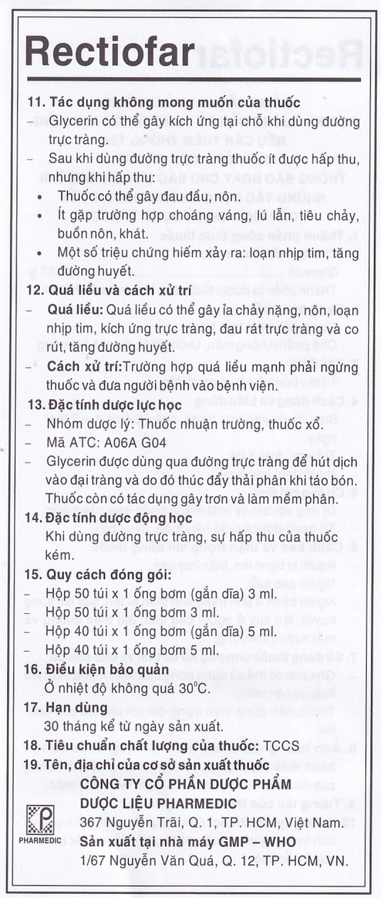 Dung dịch Rectiofar Pharmedic điều trị táo bón (50 túi x 1 ống bơm 3ml)