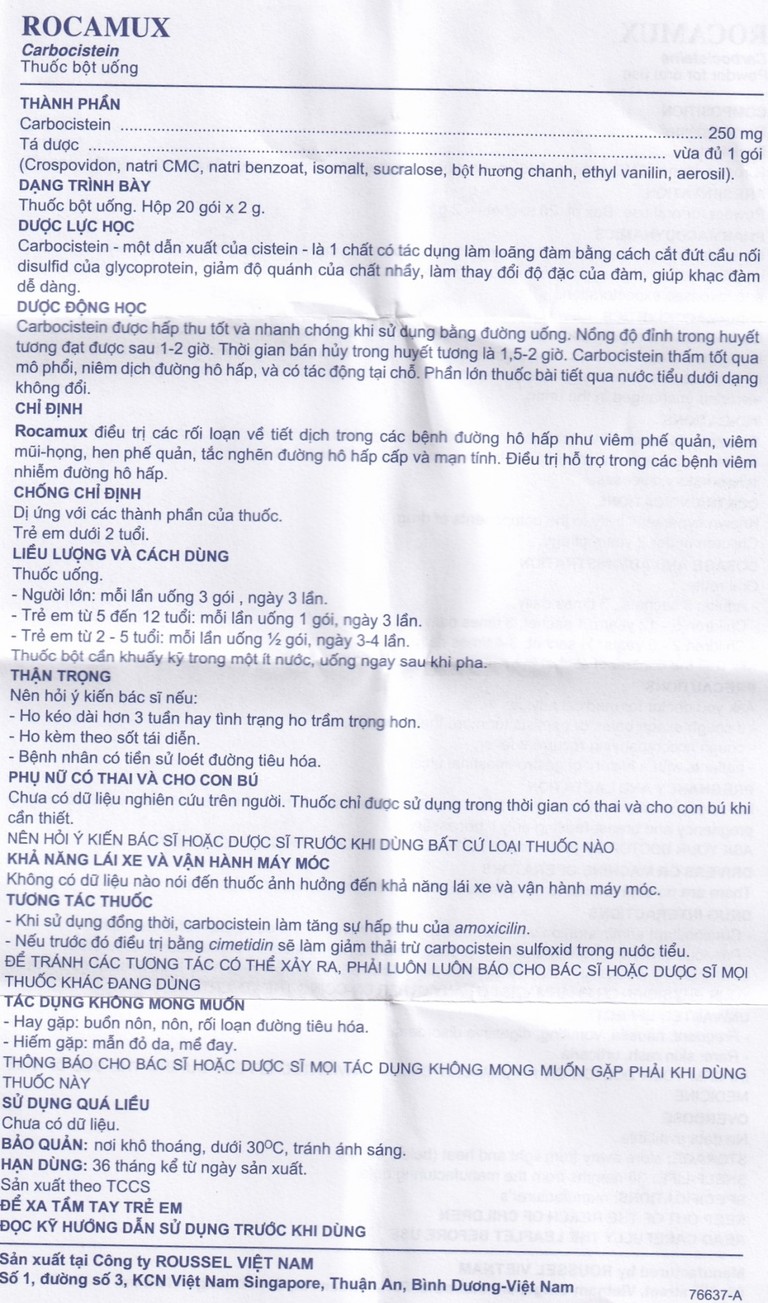 Thuốc bột uống Rocamux Roussel điều trị viêm phế quản, viêm mũi họng (20 gói x 2g) 