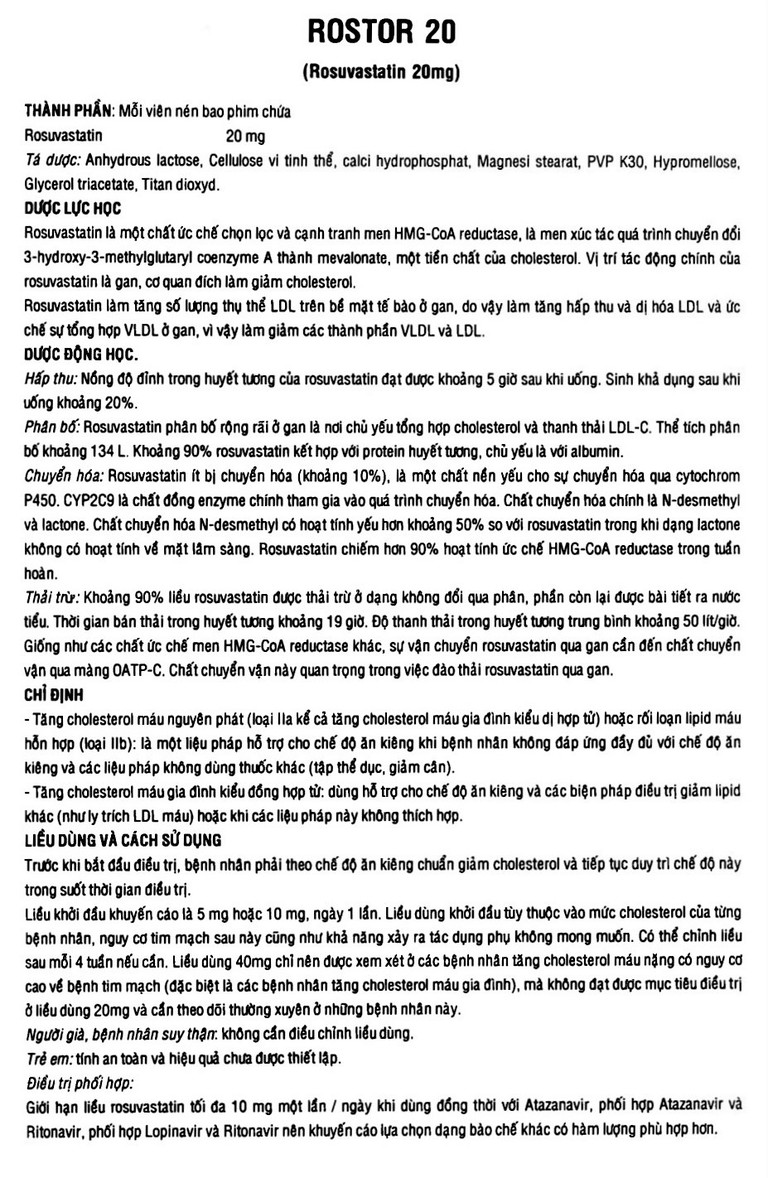 Thuốc Rostor 20mg Pymepharco điều trị tăng cholesterol nguyên phát (2 vỉ x 14 viên)
