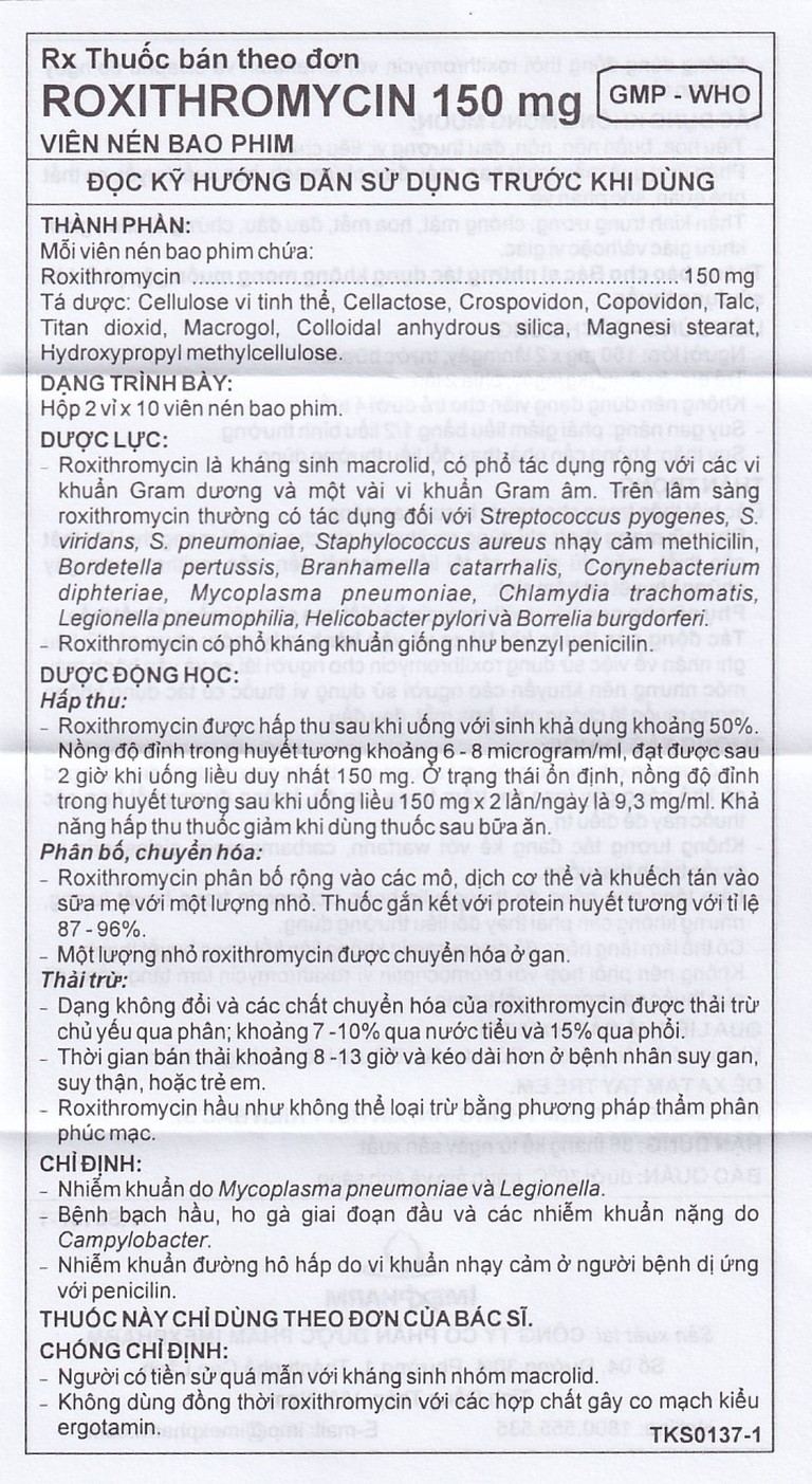 Thuốc Roxithromycin 150mg Imexpharm điều trị các loại nhiễm khuẩn, bệnh bạch hầu, ho gà (2 vỉ x 10 viên)