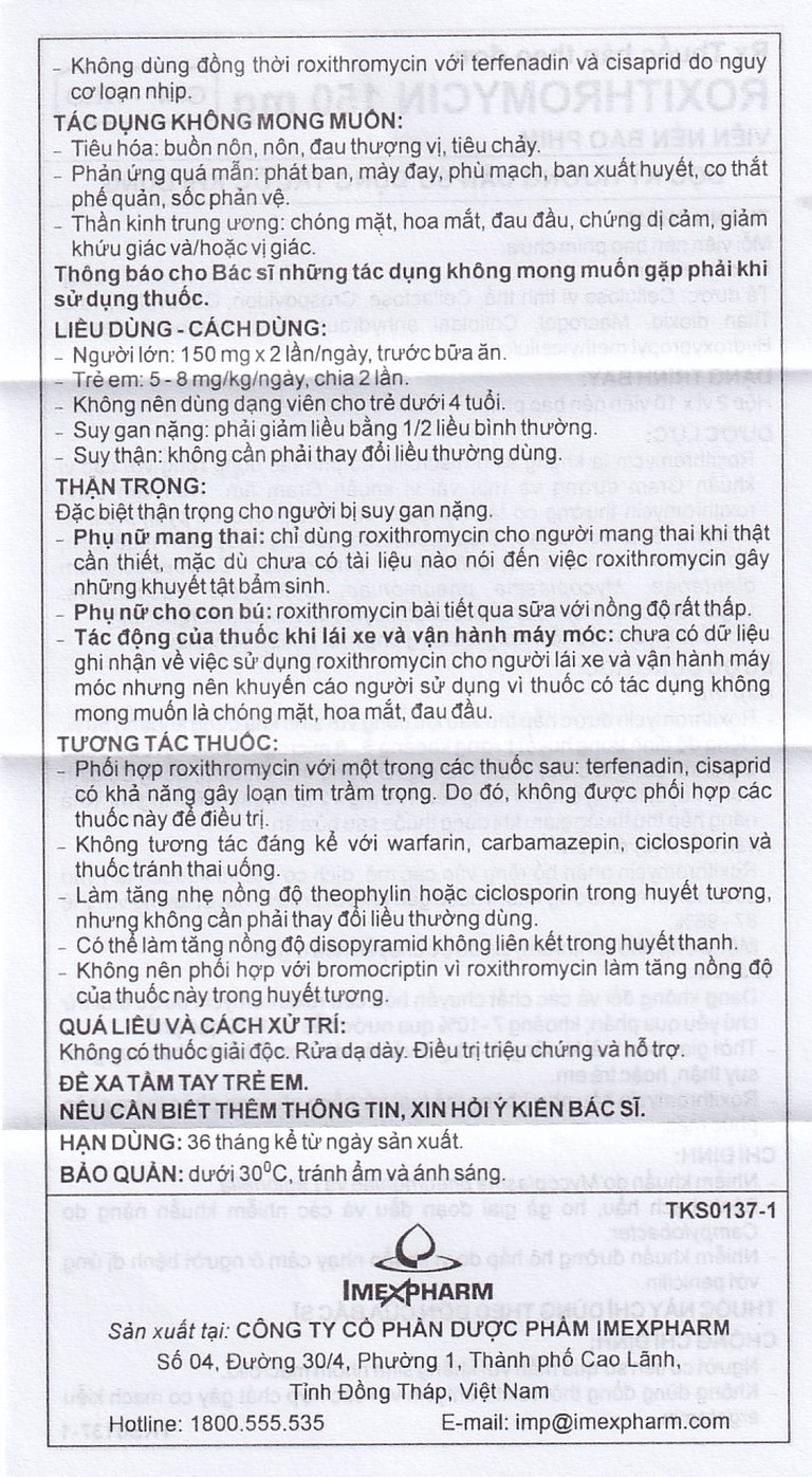 Thuốc Roxithromycin 150mg Imexpharm điều trị các loại nhiễm khuẩn, bệnh bạch hầu, ho gà (2 vỉ x 10 viên)