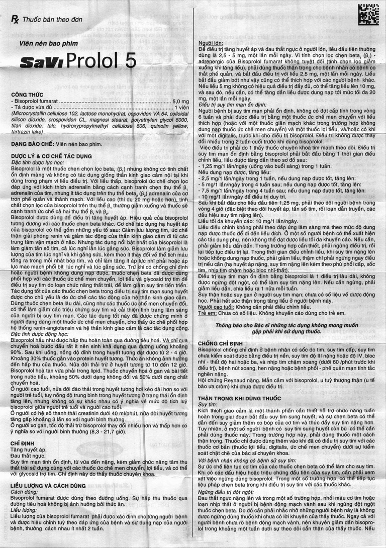 Thuốc SaViProlol 5 điều trị tăng huyết áp, đau thắt ngực (3 vỉ x 10 viên) 