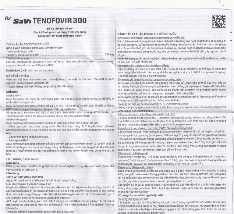 Thuốc Savi Tenofovir 300 điều trị nhiễm HIV-1 ở người lớn (3 vỉ x 10 viên) 
