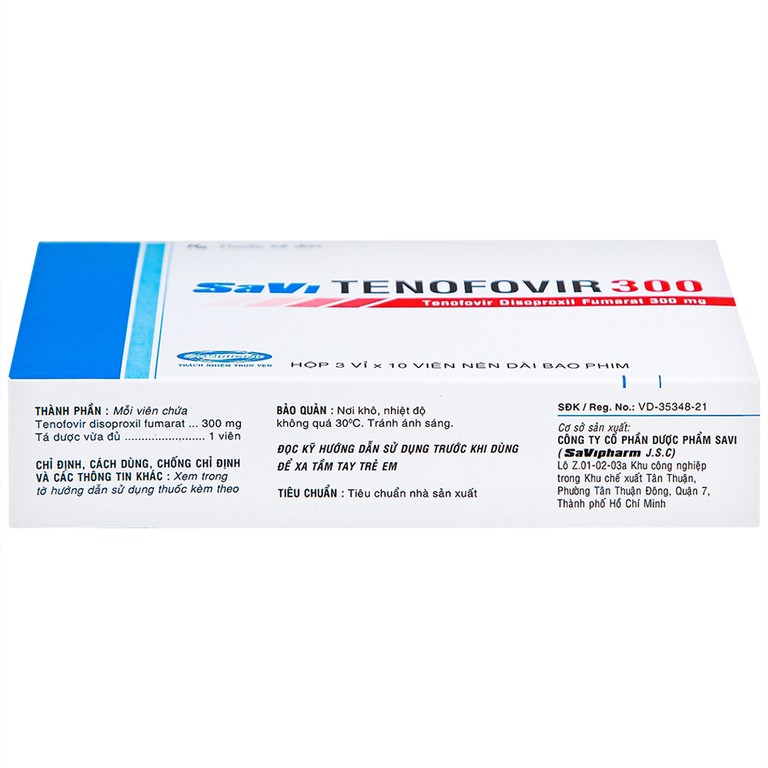 Thuốc Savi Tenofovir 300 điều trị nhiễm HIV-1 ở người lớn (3 vỉ x 10 viên) 