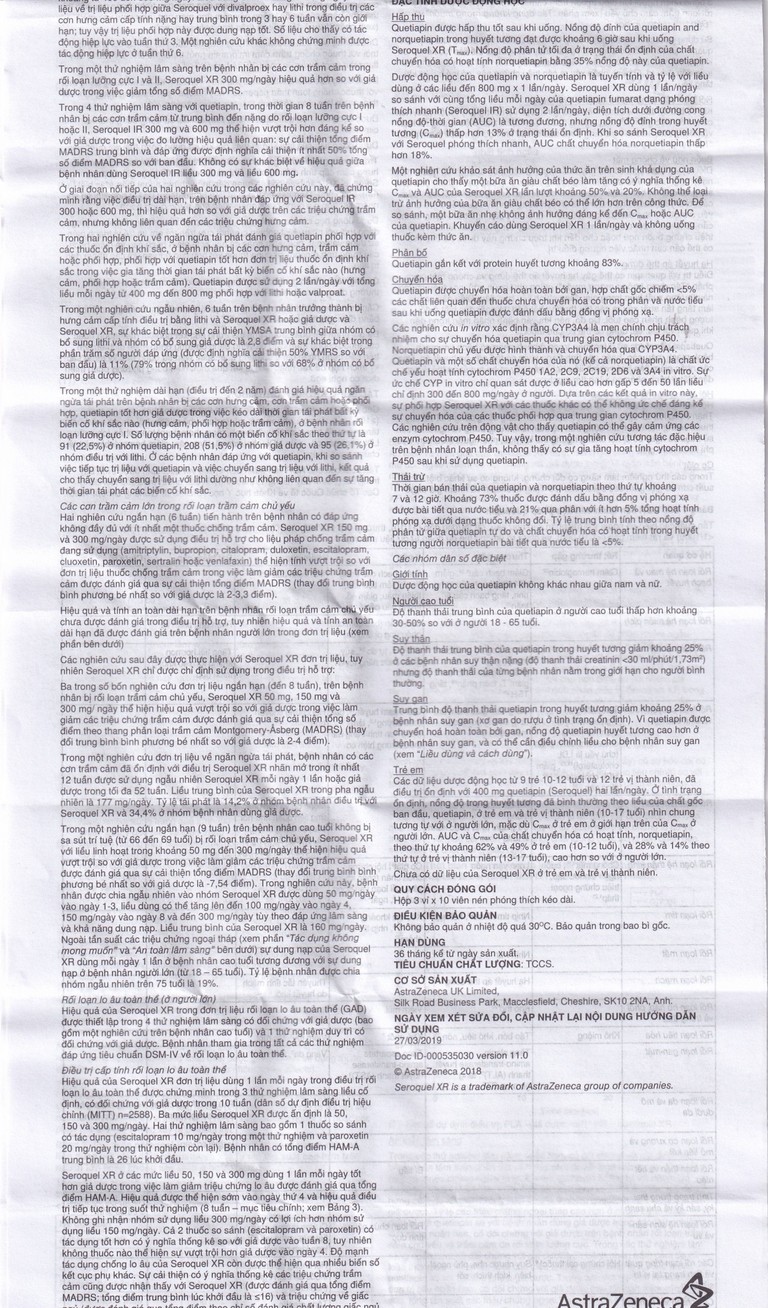 Thuốc Seroquel XR 200mg AstraZeneca điều trị các rối loạn tâm thần (3 vỉ x 10 viên)