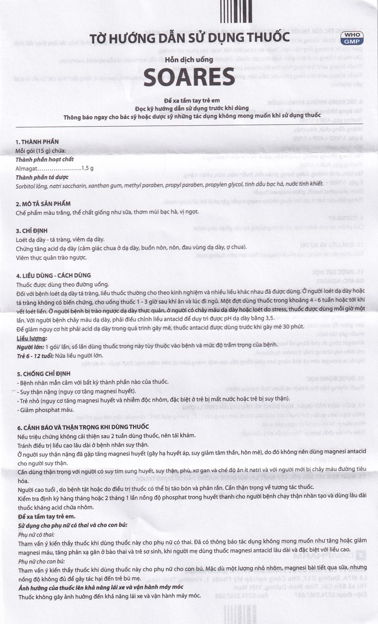 Hỗn dịch uống Soares Davipharm loét dạ dày - tá tràng, viêm dạ dày (30 gói x 15g)