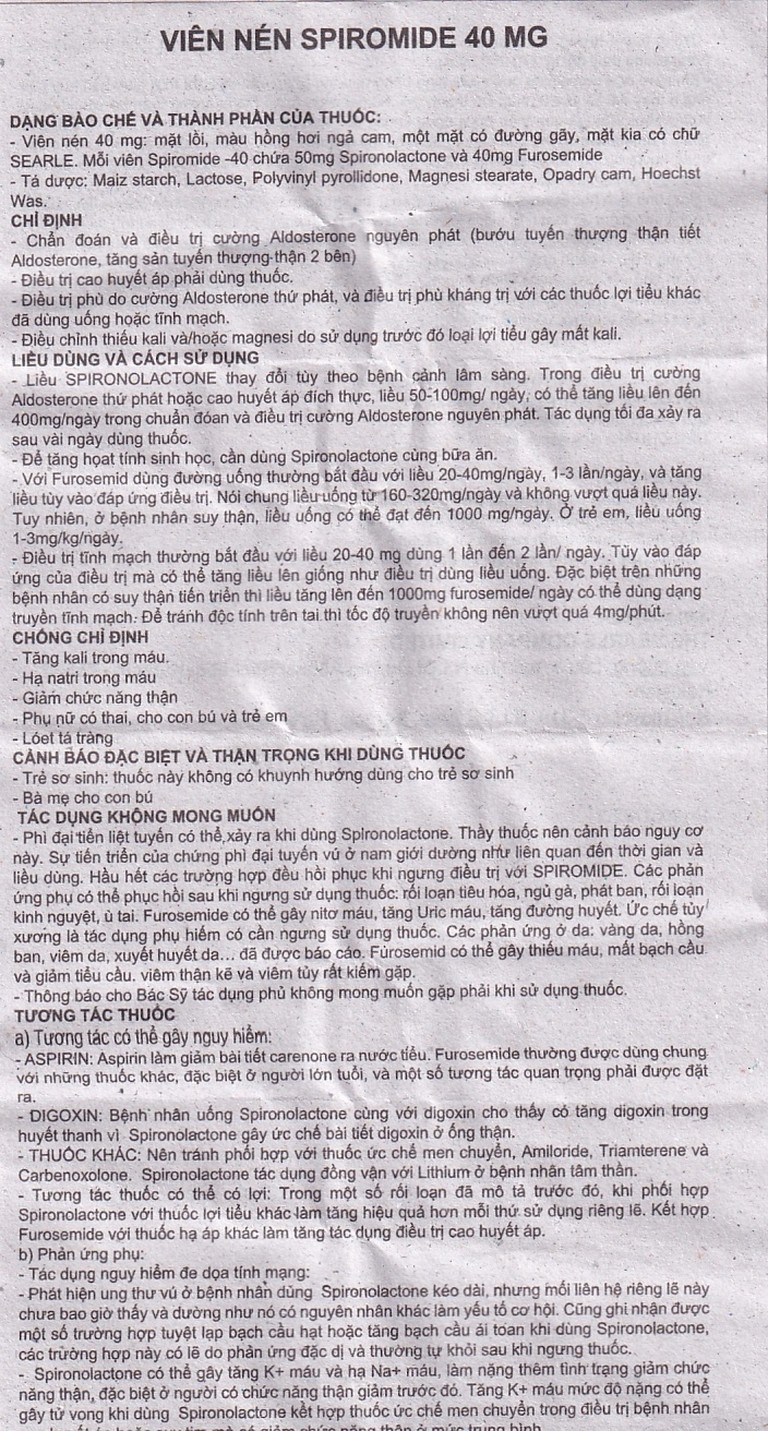 Thuốc Spiromide 40 Searle chẩn đoán và điều trị cường Aldosterone nguyên phát (3 vỉ x 10 viên) 