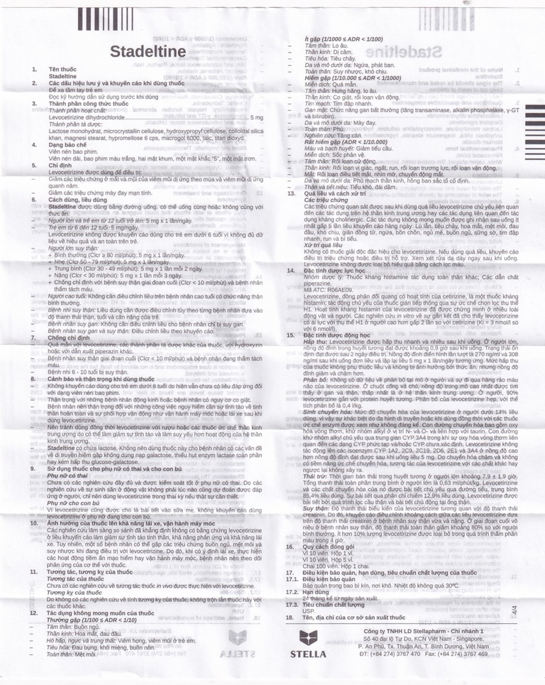 Thuốc Stadeltine 5mg Stella giảm các triệu chứng ở mắt và mũi ( 5 vỉ x 10 viên)