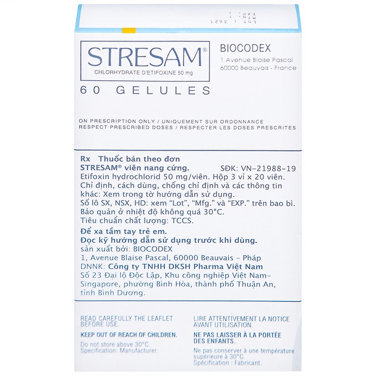 Thuốc Stresam Biocodex điều trị các biểu hiện dạng tâm thể của lo âu (3 vỉ x 20 viên)
