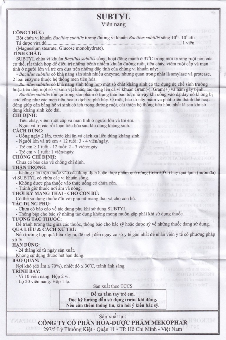 Thuốc Subtyl Mekophar điều trị tiêu chảy, viêm ruột (2 vỉ x 10 viên)