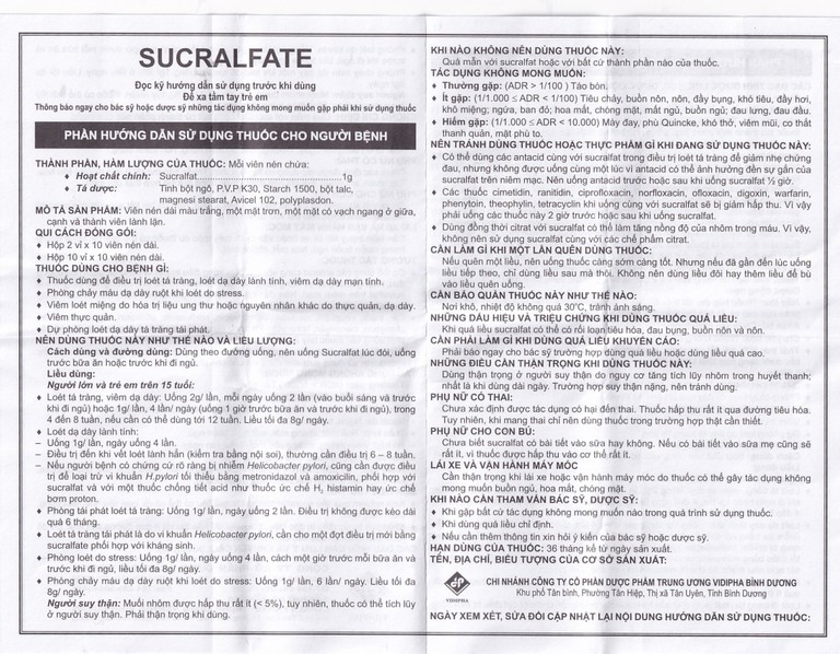 Thuốc Sucralfate Vidipha điều trị loét tá tràng - dạ dày (2 vỉ x 10 viên)