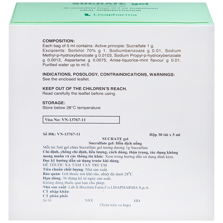 Hỗn dịch Sucrate Gel Istituto Biochimico Italiano điều trị loét dạ dày - tá tràng (30 gói x 5ml)