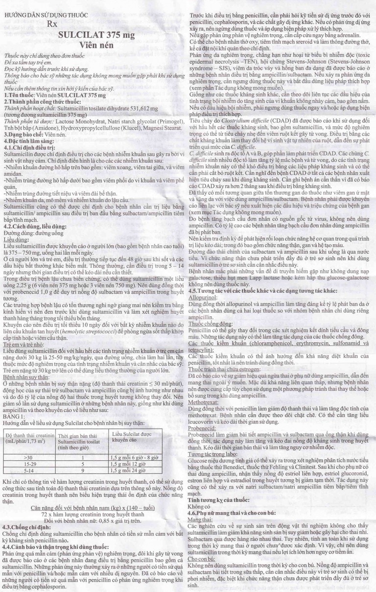 Thuốc Sulcilat Tablet 375mg Atabay điều trị các bệnh nhiễm khuẩn hô hấp (1 vỉ x 10 viên)