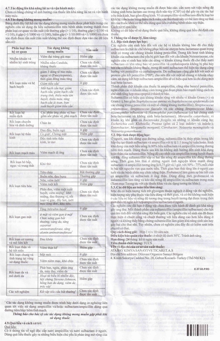 Thuốc Sulcilat Tablet 375mg Atabay điều trị các bệnh nhiễm khuẩn hô hấp (1 vỉ x 10 viên)