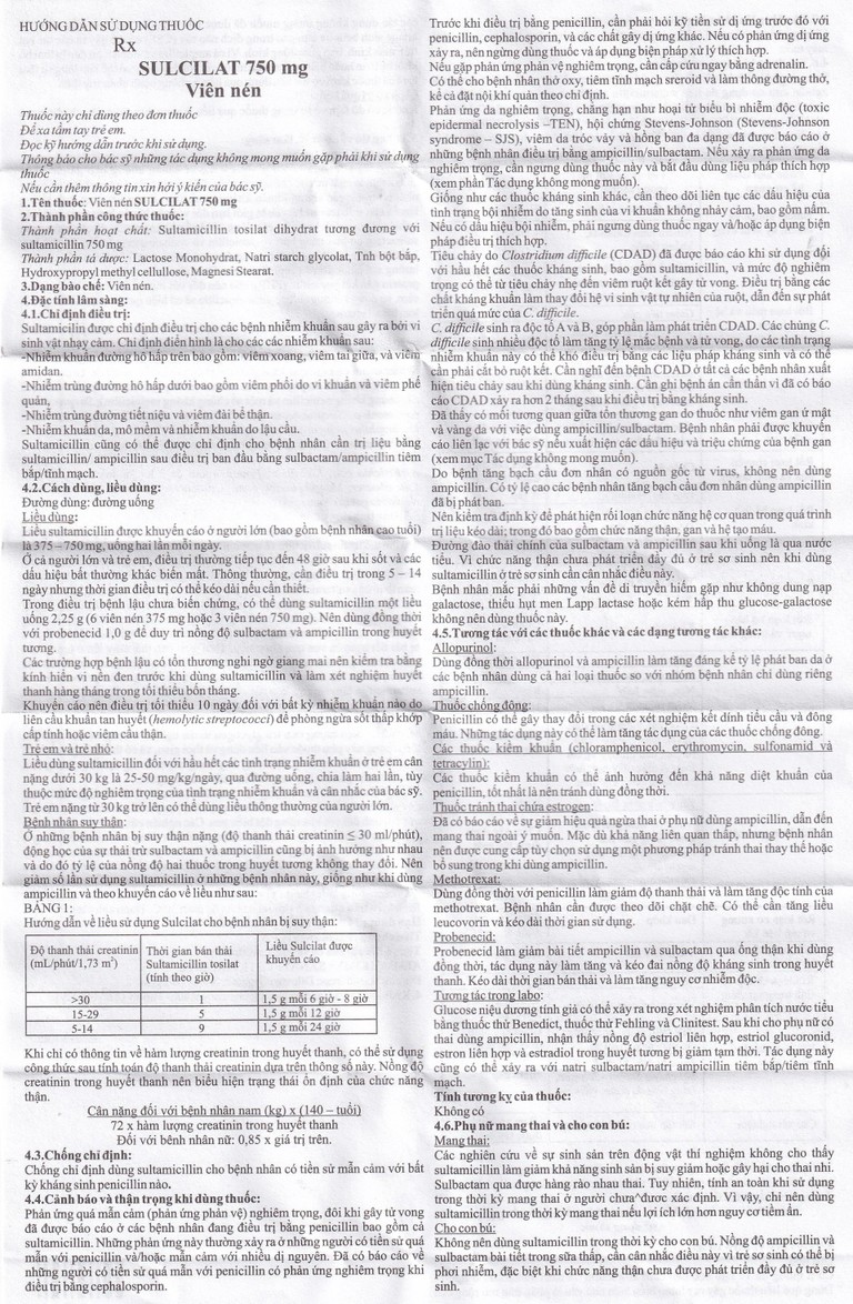 Thuốc Sulcilat 750mg Atabay điều trị các bệnh nhiễm khuẩn (1 vỉ x 10 viên)