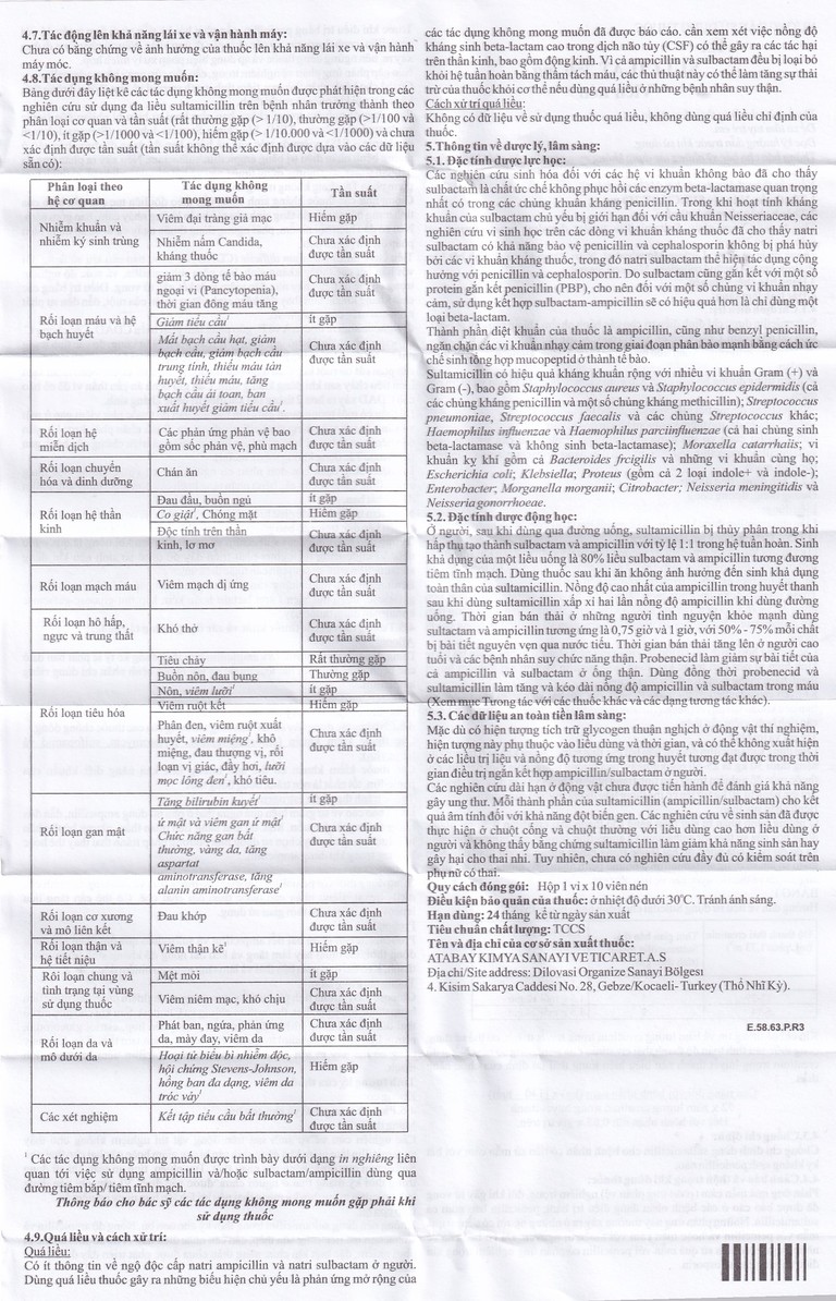 Thuốc Sulcilat 750mg Atabay điều trị các bệnh nhiễm khuẩn (1 vỉ x 10 viên)