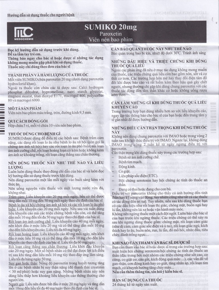 Thuốc Sumiko 20mg Medochemie điều trị bệnh trầm cảm (5 vỉ x 10 viên)