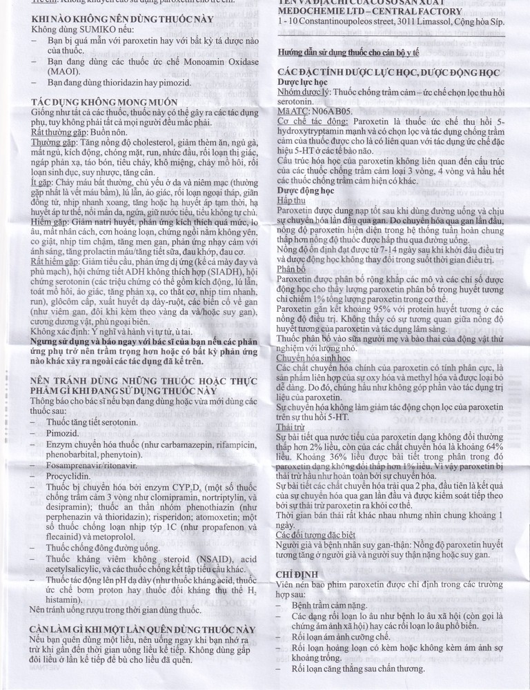 Thuốc Sumiko 20mg Medochemie điều trị bệnh trầm cảm (5 vỉ x 10 viên)